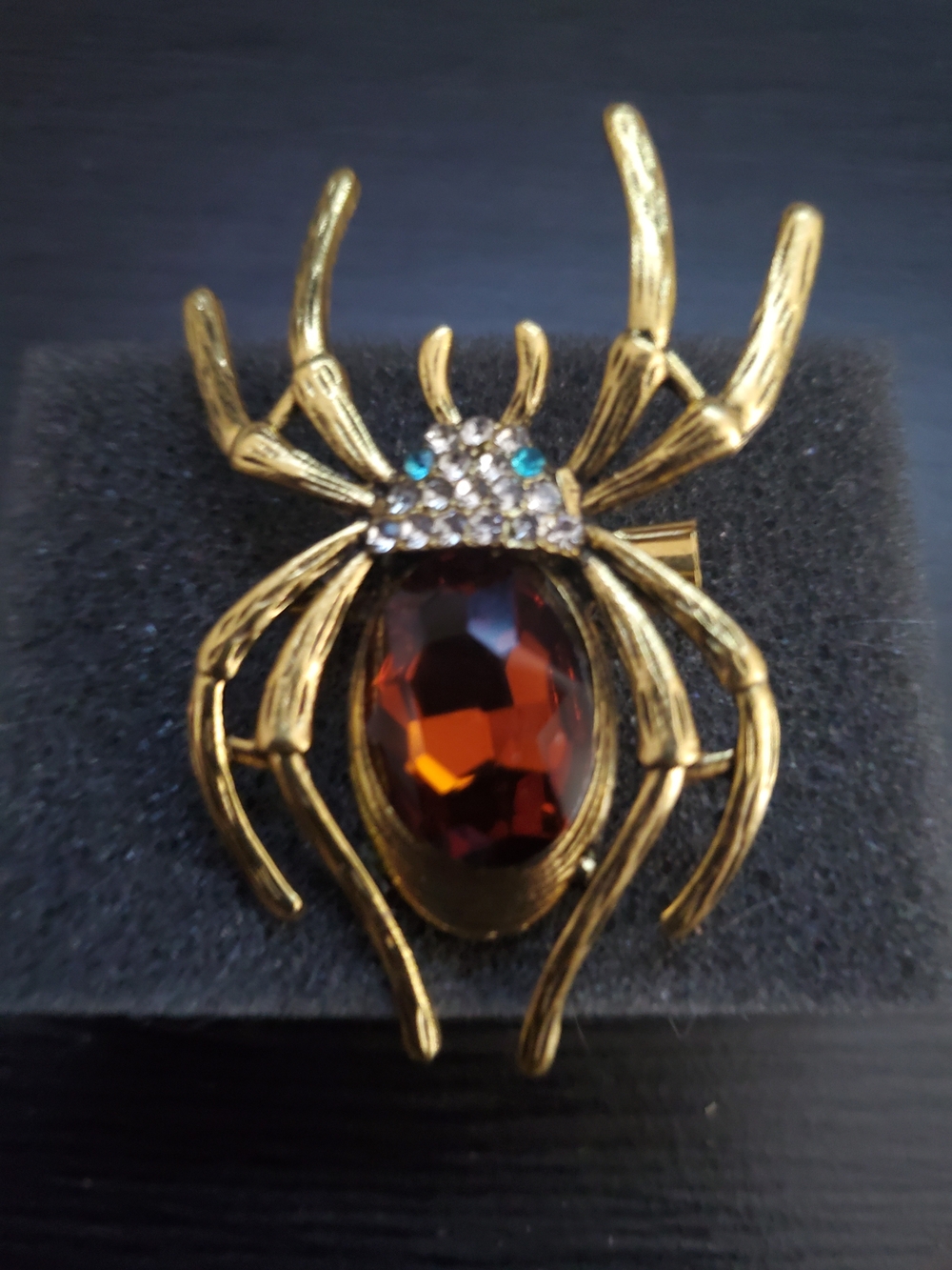 Gold-Tone Spider Brooch with Amber Center and Turquoise Accent Eyes